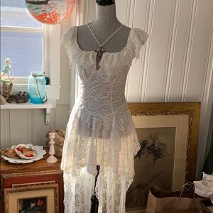 Valentine’s Day Ivory lace corset dress Victorian high low destroyed steampunk